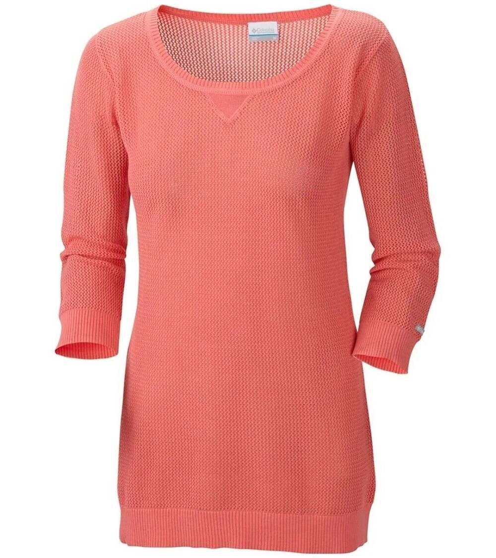 Columbia Women Med Orange Melon Long Sleeve Waffle Weave Scoop Neck Shirt